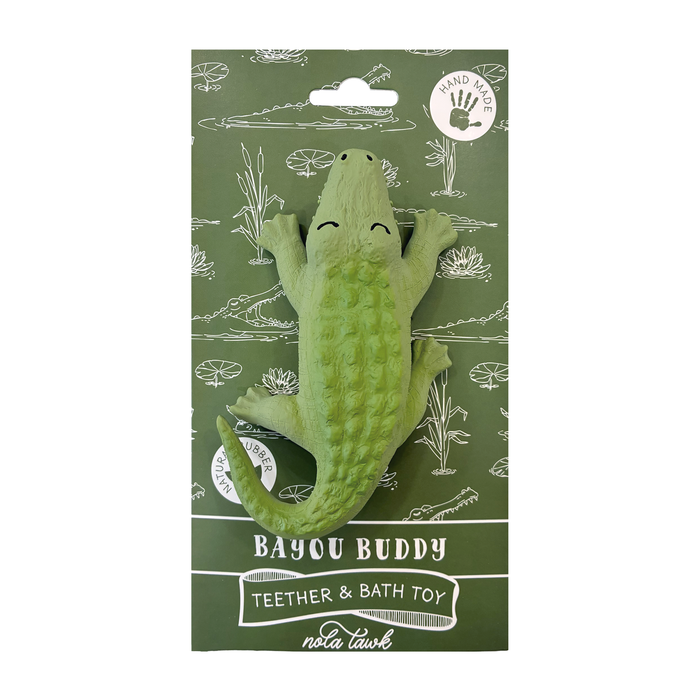 Green alligator teether and bath toy in its Bayou Buddy package