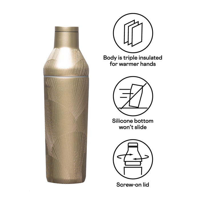 Cocktail shaker features: triple insulated, silicone bottom, screw-on lid