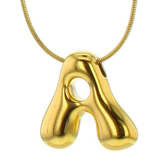 Gold bubble letter A pendant on a snake chain