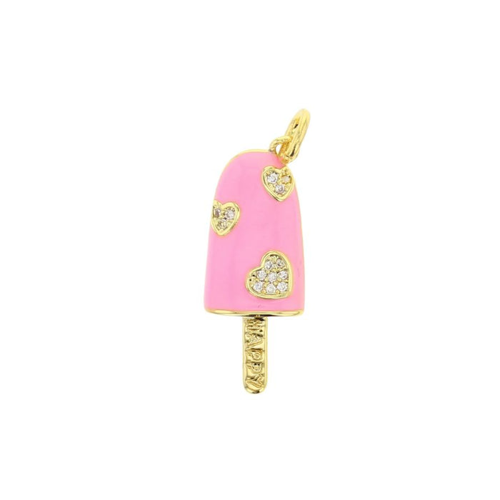 Gold pink enamel popsicle charm with crystal hearts