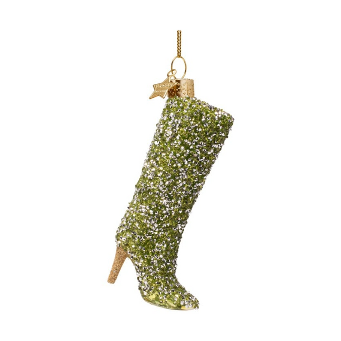 Green glitter boot glass ornament