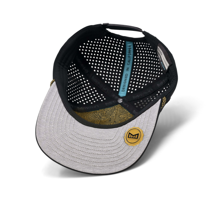 Interior view of a black baseball cap with a grey brim and patterned lining