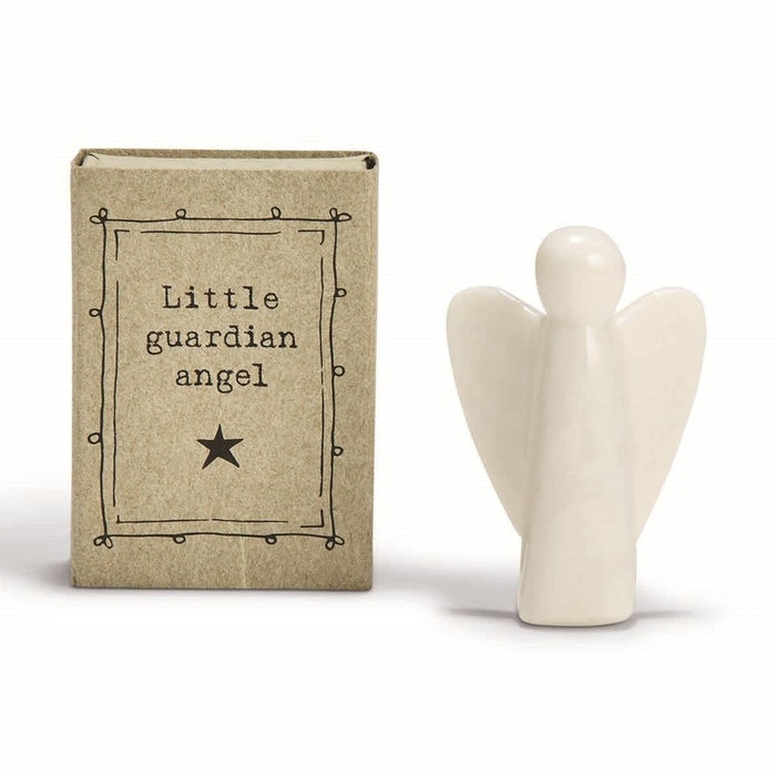 Small white stone guardian angel beside its Little Guardian Angel gift box