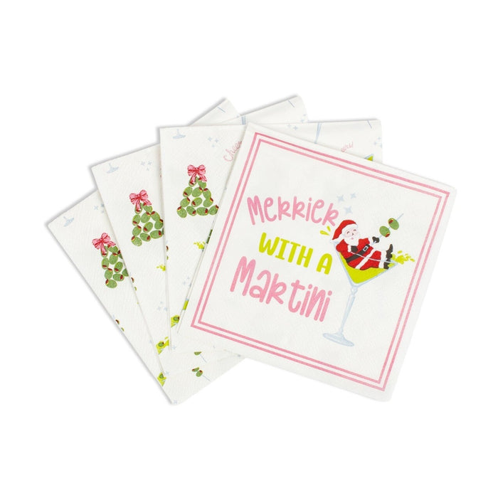 Stack of white paper napkins with Santa in a martini glass and olive tree graphics