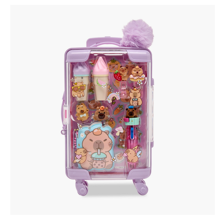 Purple mini suitcase stationery set with a capybara theme