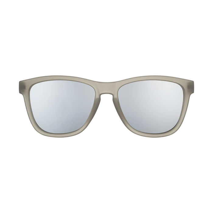 Gray square sunglasses with silver mirrored lenses