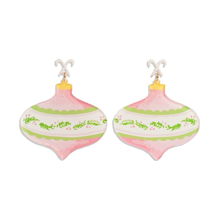 Pair of pink Christmas ornament earrings with green holly and candy cane hooks