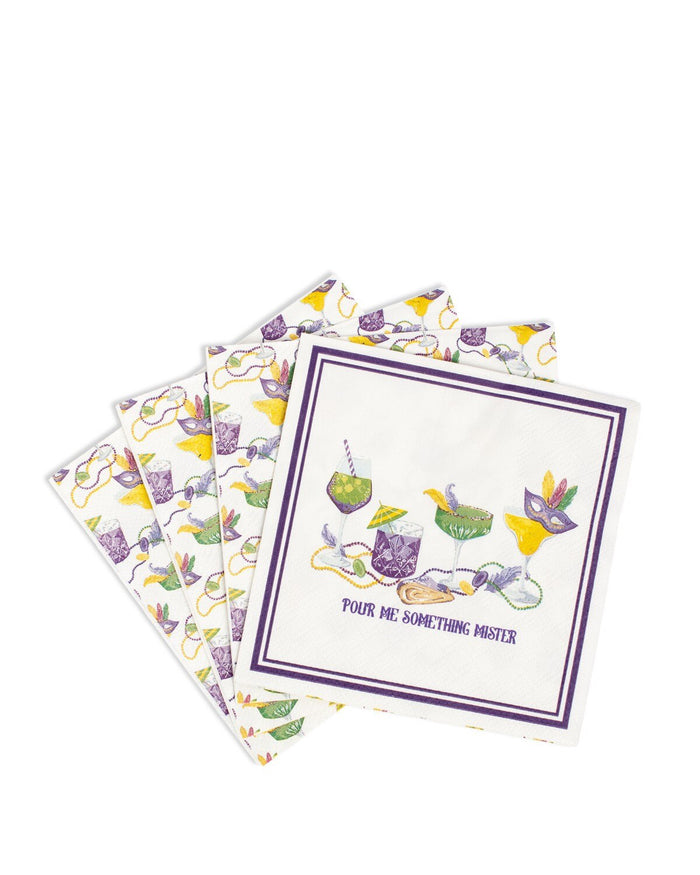 Cocktail napkins with a Mardi Gras illustration and beads