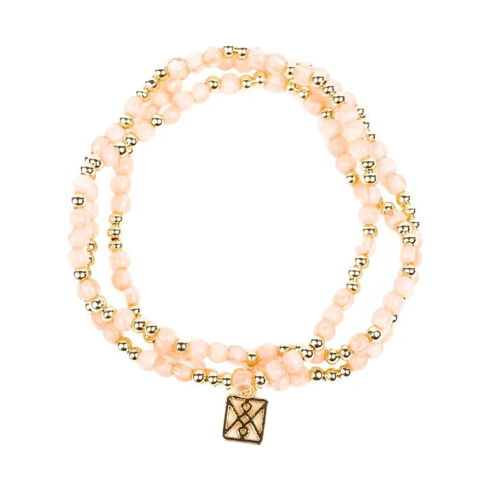 Peach and gold beaded wrap bracelet with a square charm