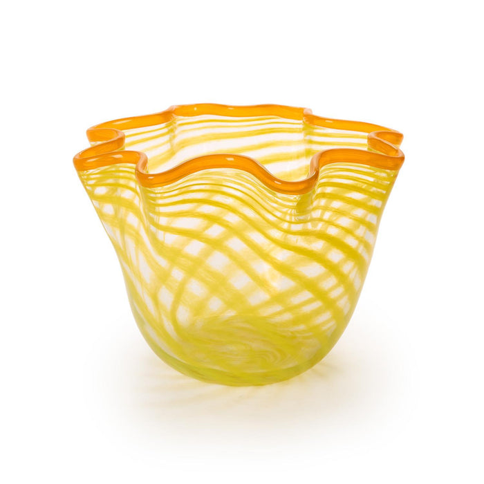 Yellow swirl glass bowl with a ruffled orange rim