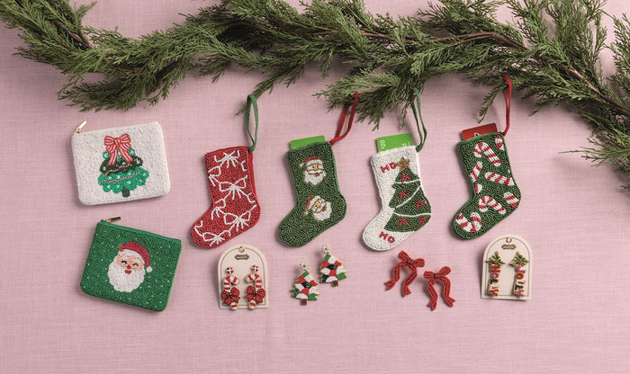 Beaded Santa stocking ornament shown with matching holiday pieces