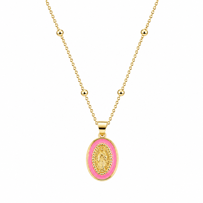 Gold bead chain necklace with a pink enamel Virgin Mary medallion