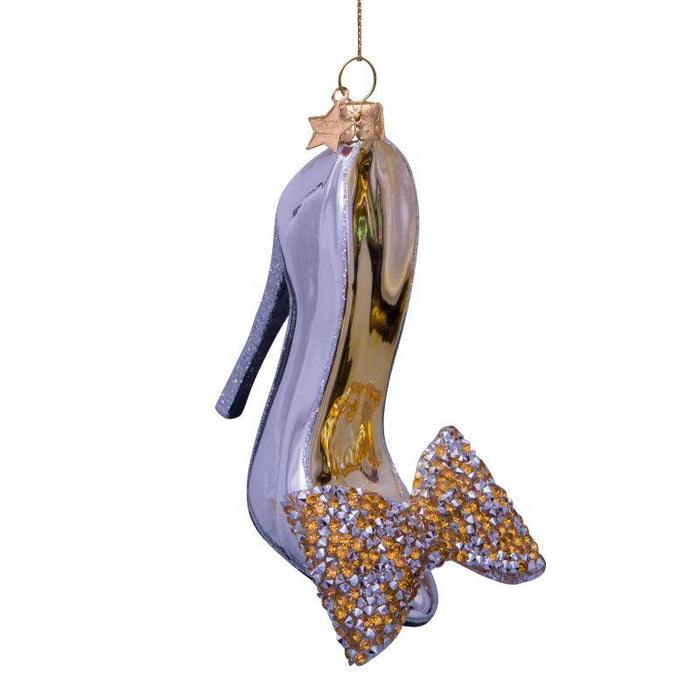 Side view of the silver high heel ornament