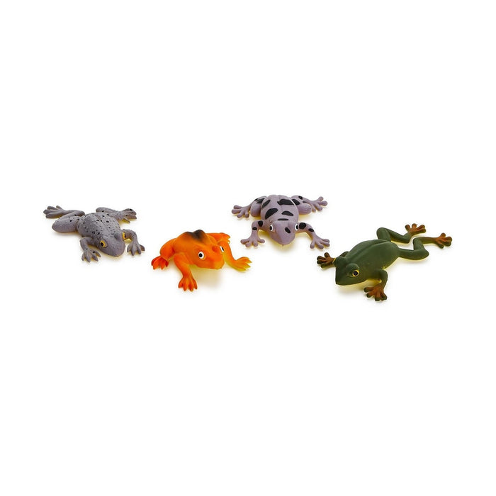 Squishy toy frogs in a row