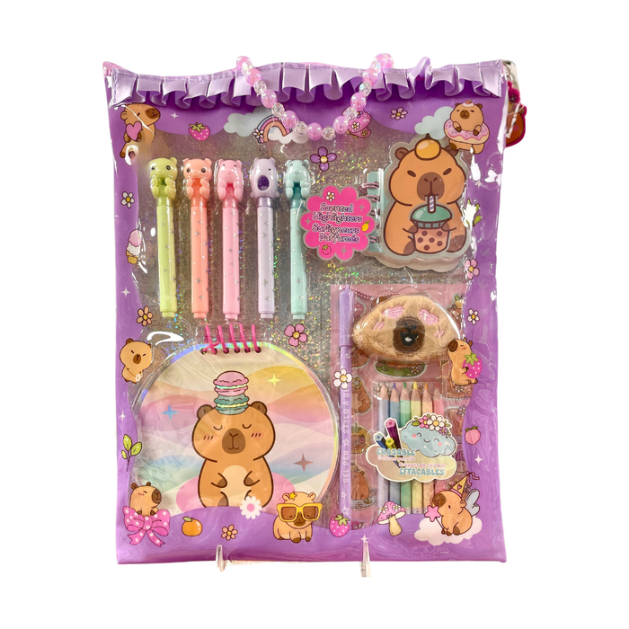 Capybara stationery set with pens, stickers and notebook in a purple pouch