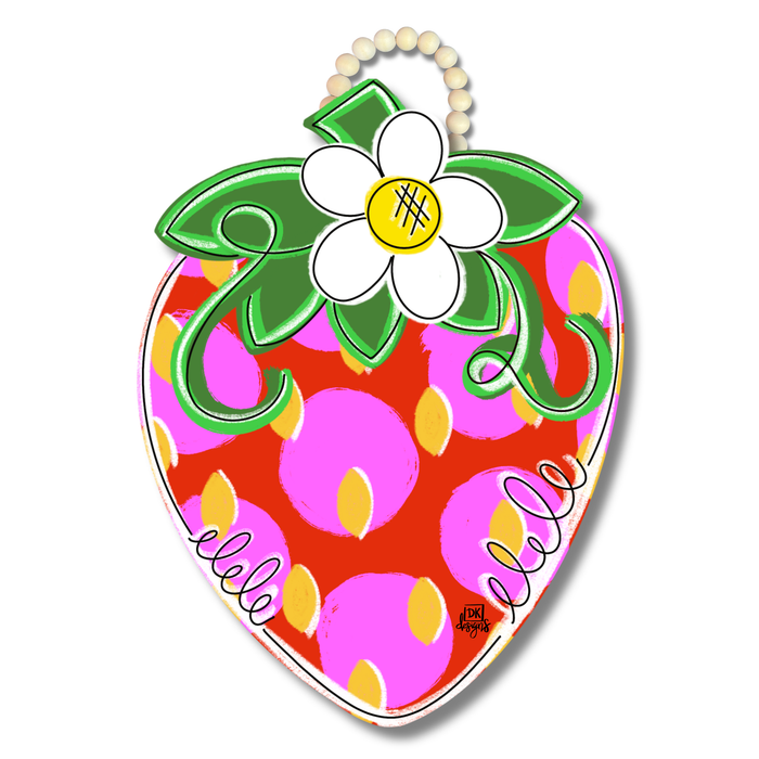 Strawberry door hanger with pink polka dots and a white flower