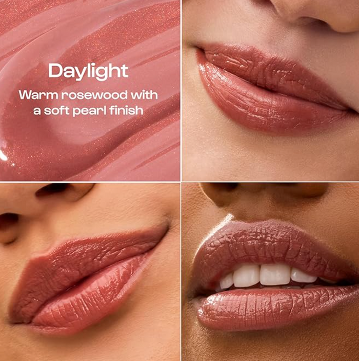 Swatches and application of Daylight warm rosewood lipstick with a soft pearl finish on various skin tones