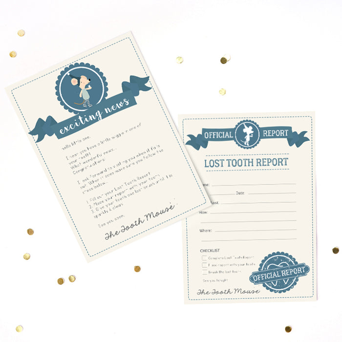 Tooth mouse letter and lost tooth report in blue for boys