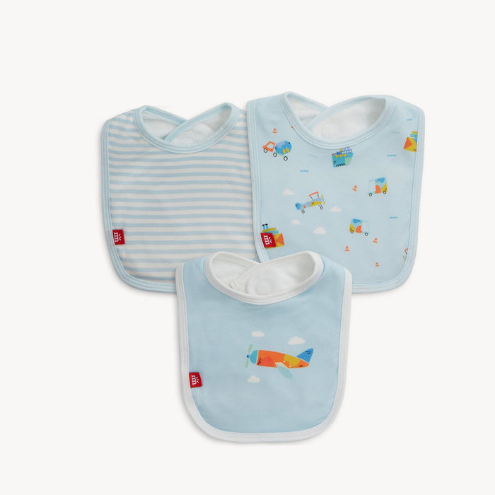 Three light blue baby bibs with a truck print