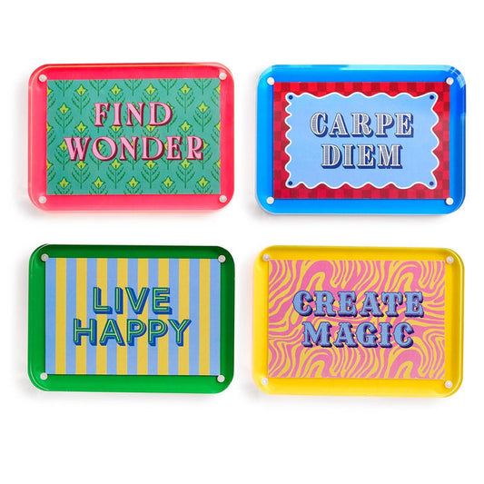 Four acrylic frames reading Find Wonder, Carpe Diem, Live Happy and Create Magic