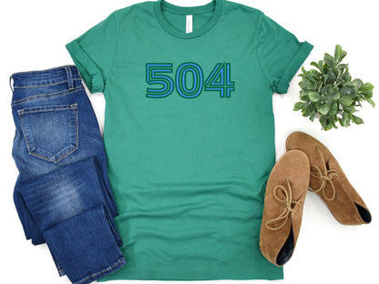 NolaCajun 504 Inline Green and Blue Tshirt Detail View New Orleans 504 Louisiana