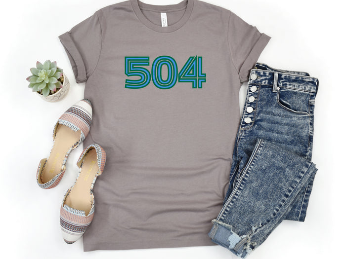 NolaCajun 504 Inline Green and Blue Tshirt Logo View New Orleans 504 Louisiana
