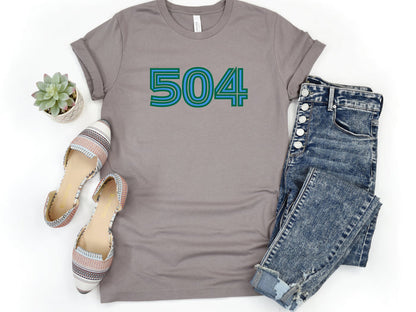 NolaCajun 504 Inline Green and Blue Tshirt Logo View New Orleans 504 Louisiana