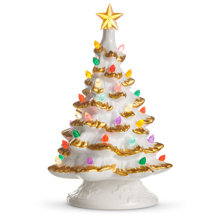 9 inch white ceramic tree with gold trim, colorful bulbs and a gold star