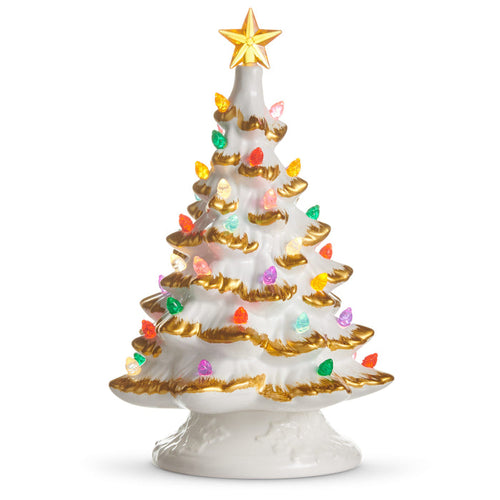 9 inch white ceramic tree with gold trim, colorful bulbs and a gold star