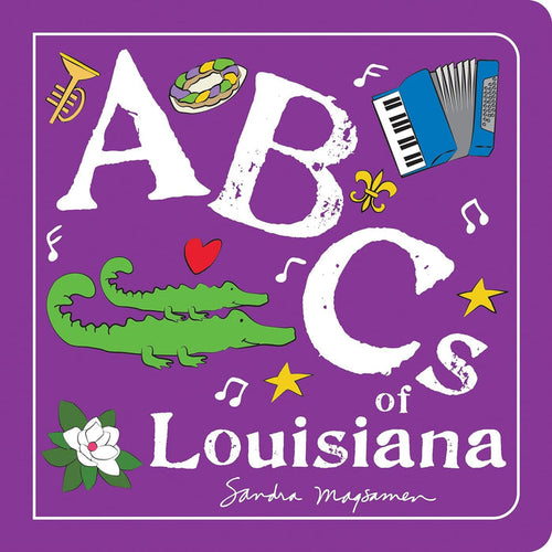 "ABCs of Louisiana" purple board book cover by Sandra Magsamen with alligators, an accordion and a magnolia