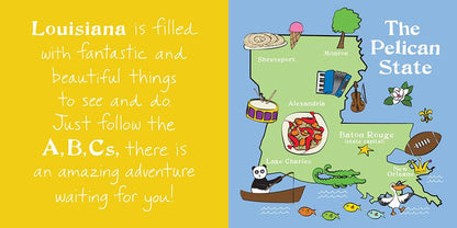 Board book pages reading "Louisiana is filled with fantastic and beautiful things" beside a Pelican State map