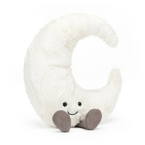 White plush crescent moon toy with small black eyes and grey corduroy feet