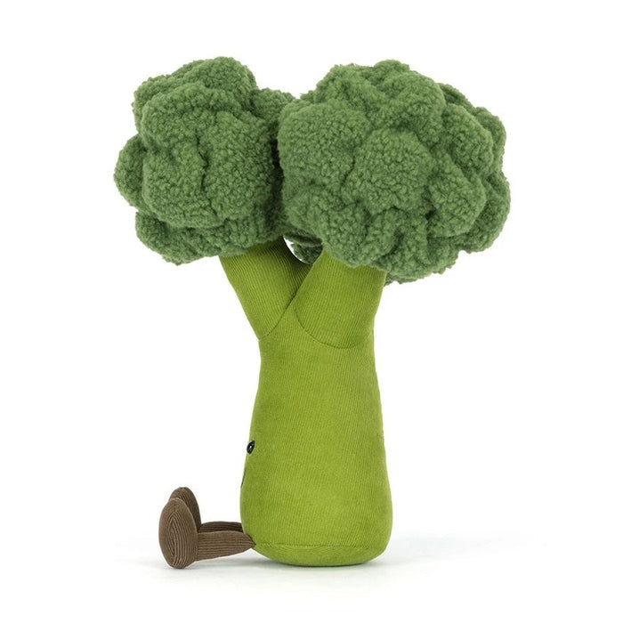 Plush broccoli toy with textured green florets and a smooth light green stalk with small brown feet