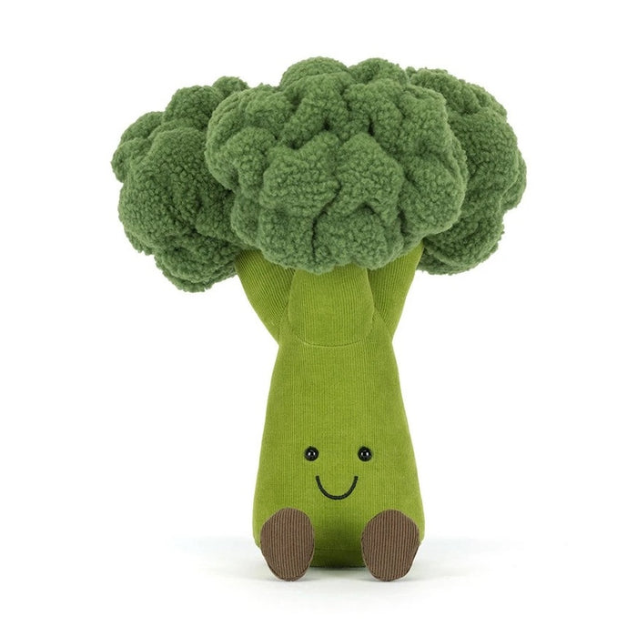 Plush broccoli toy with a green textured top and a smooth green stem with a stitched face and small brown feet