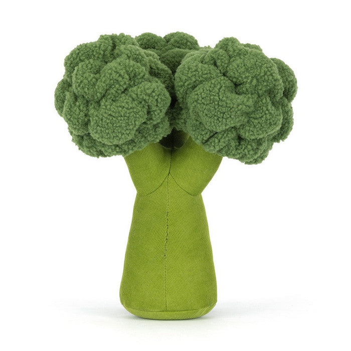 Plush broccoli toy with a green corduroy stem and textured green florets