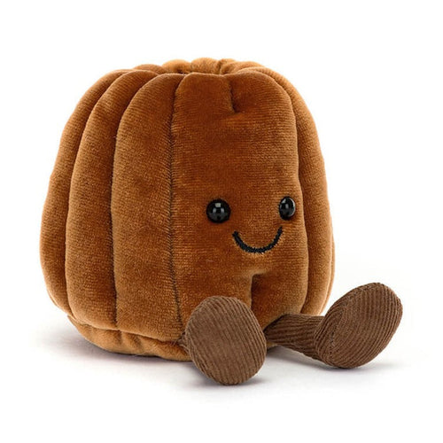 Brown plush jelly dessert toy with a smiling face and corduroy legs