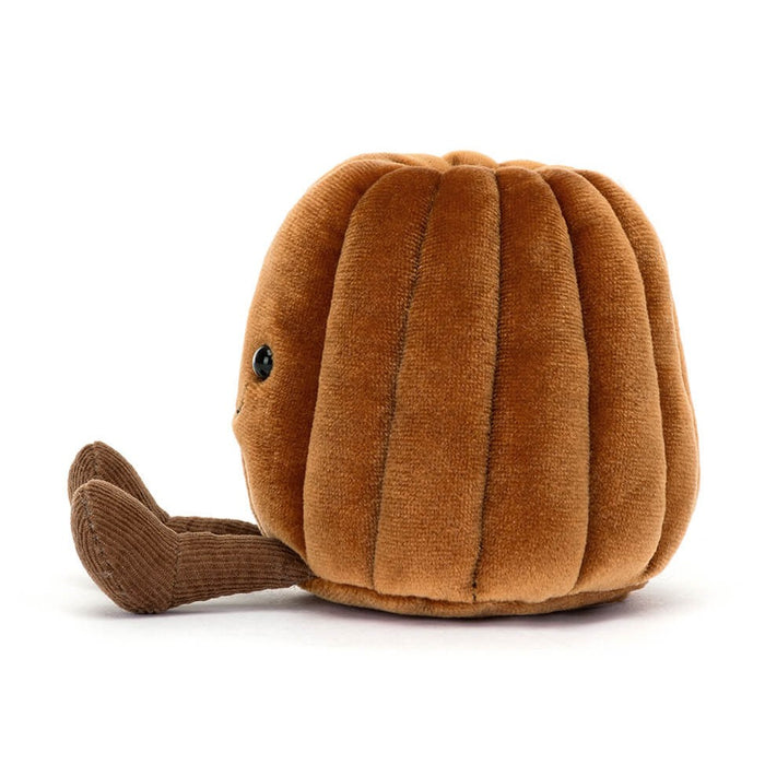 Brown plush pumpkin toy with corduroy legs and black button eyes
