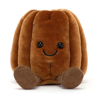 Brown corduroy pumpkin plush toy with black eyes and a stitched smile