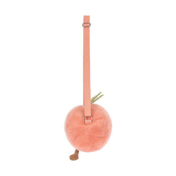 Peach shaped plush crossbody bag with adjustable strap
