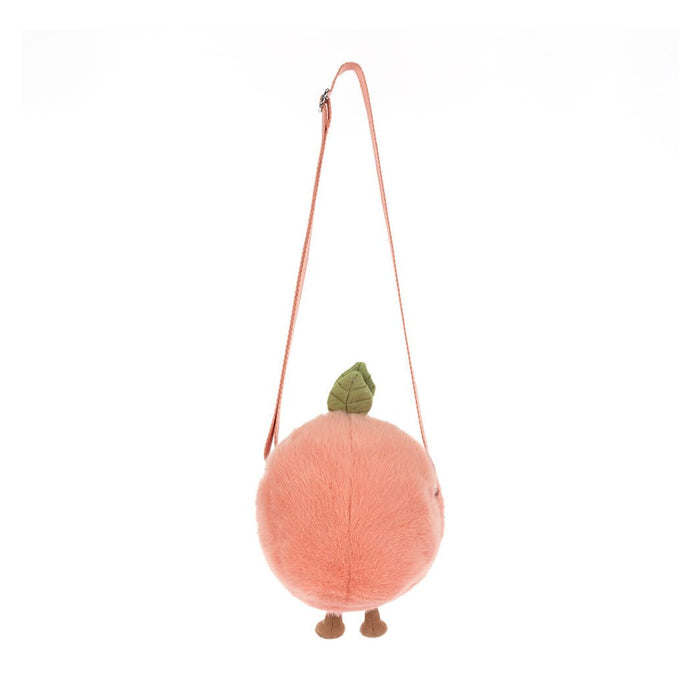 Plush peach shaped crossbody bag with a green leaf and small brown feet