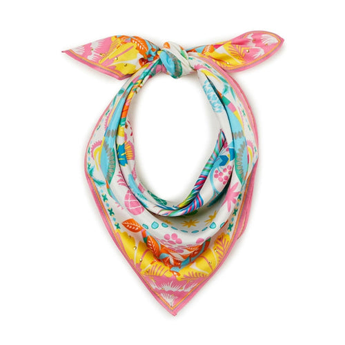Pastel print mini silk scarf tied in a bow