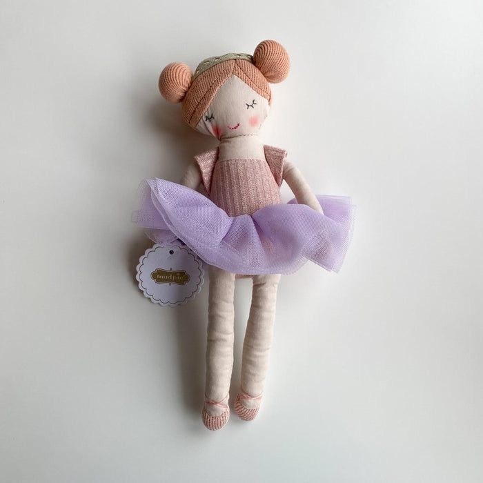 Ballerina doll with peach hair buns and a purple tulle tutu