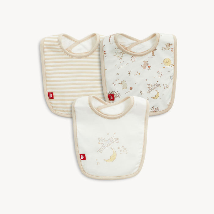 Three baby bibs with striped and animal moon patterns