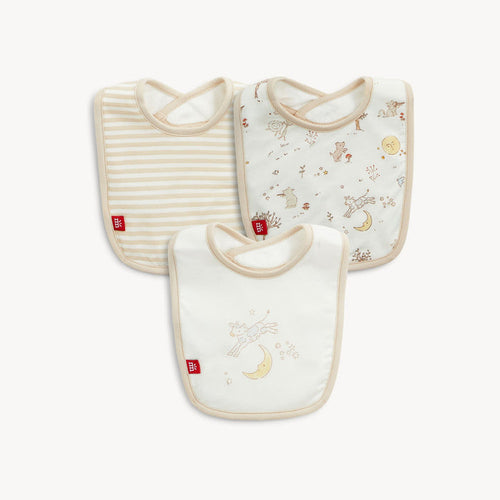 Three baby bibs with striped and animal moon patterns