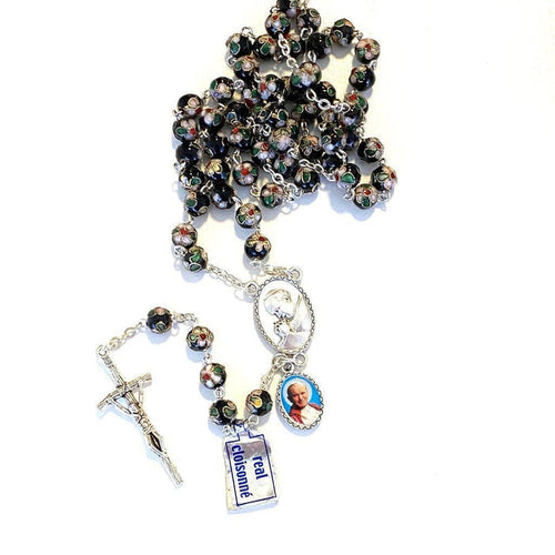 Black Cloisonne Rosary -St. John Paul II -JPII w/ Relic Medal -Blessed | Catholically