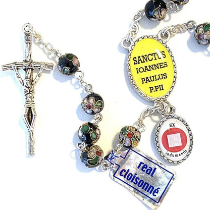 Black Cloisonne Rosary -St. John Paul II -JPII w/ Relic Medal -Blessed | Catholically
