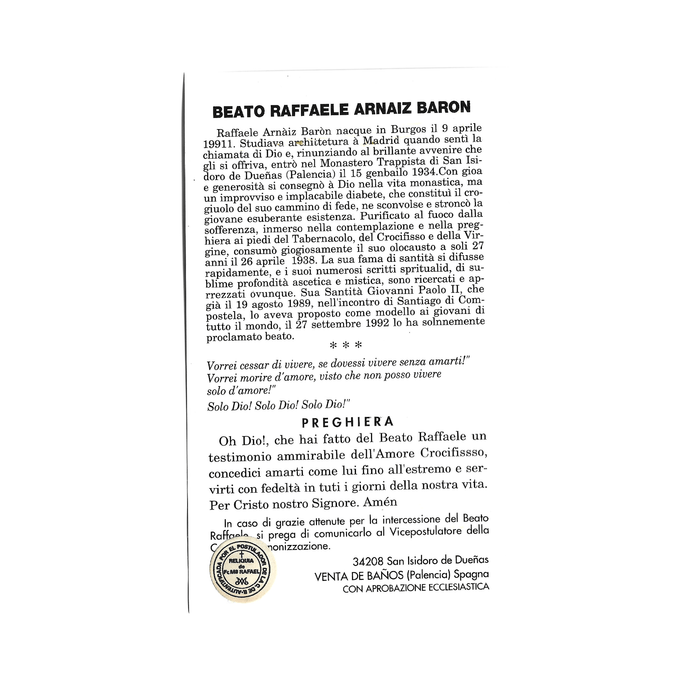 Blessed Rafael Arnaiz Barón Prayer Card with Relic | Catholically