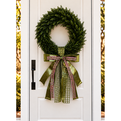 White front door with a boxwood wreath and an olive green ribbon bow with pink woven trim