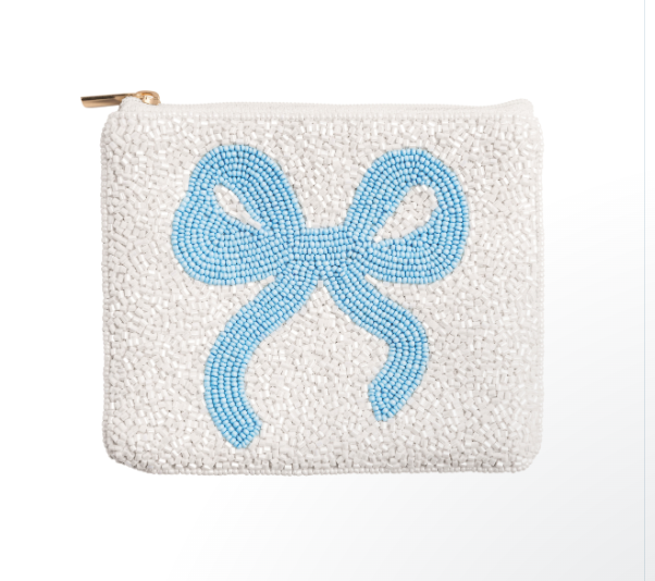 White beaded pouch with a light blue bow