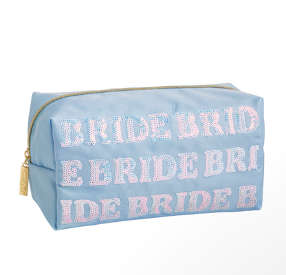 Light blue pouch with repeating Bride lettering
